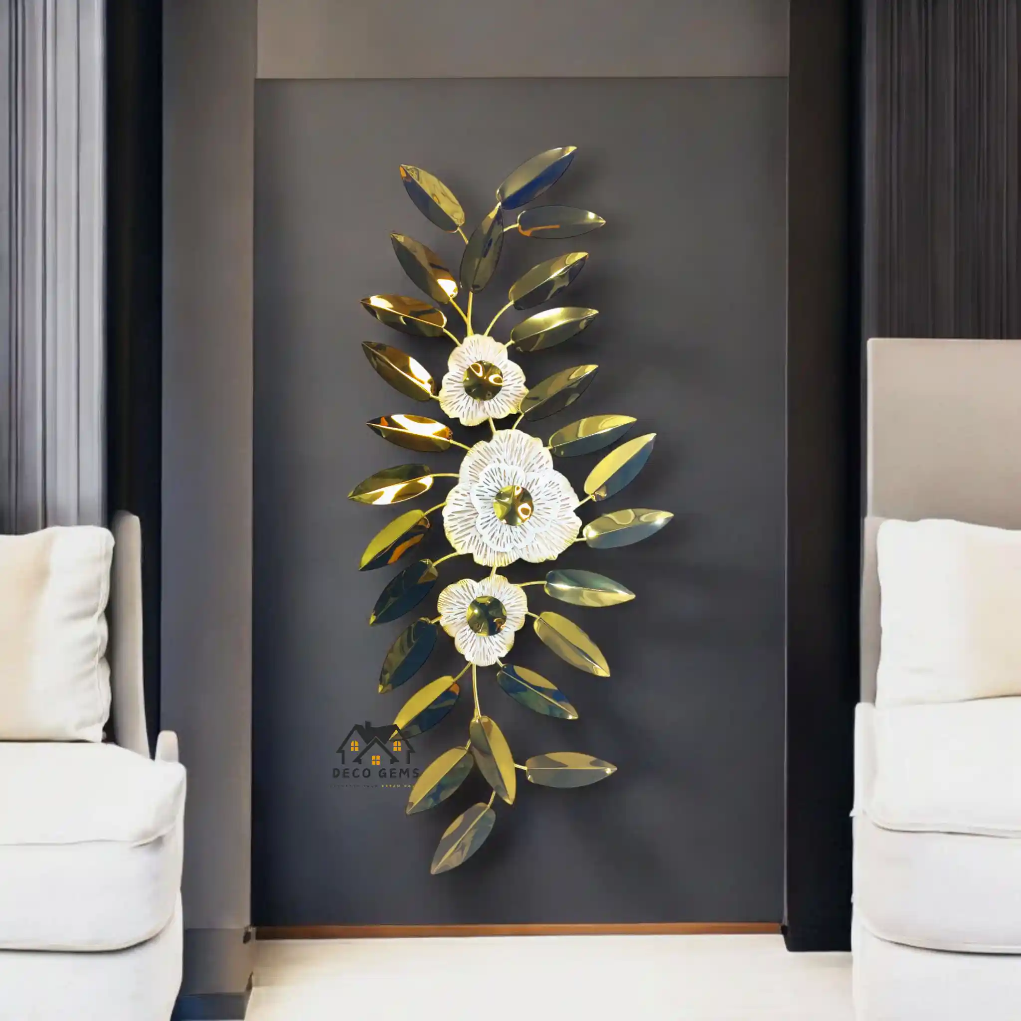 Thin Glossy Leaves with Flower Designed Vertical Wall Decor - 17669