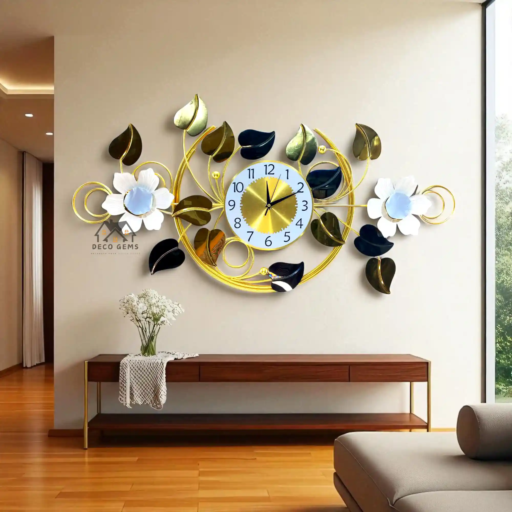 Metal Glossy Leaf & Floral Design Wall Décor Clock- 17680