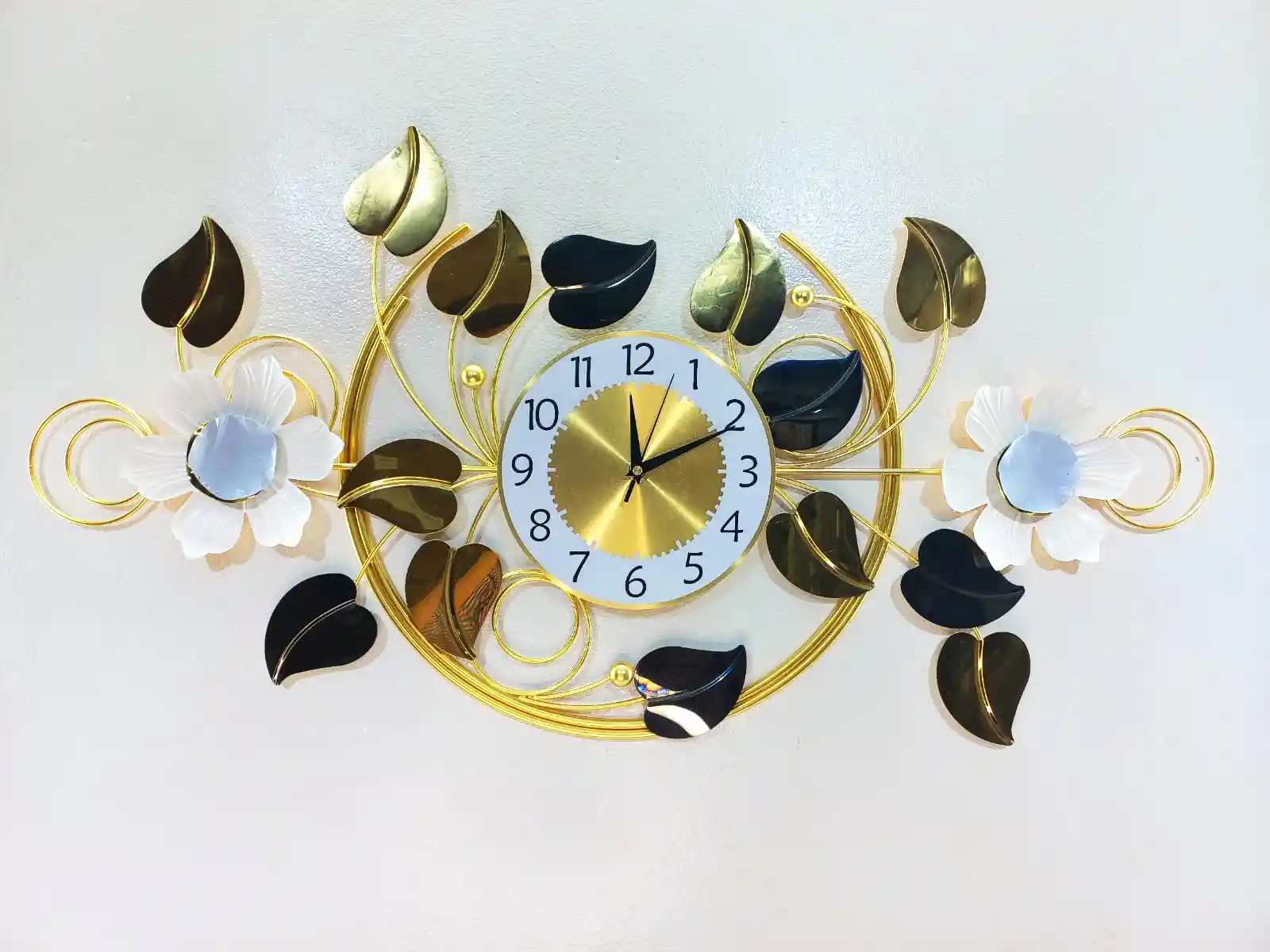 Metal Glossy Leaf & Floral Design Wall Décor Clock- 17680