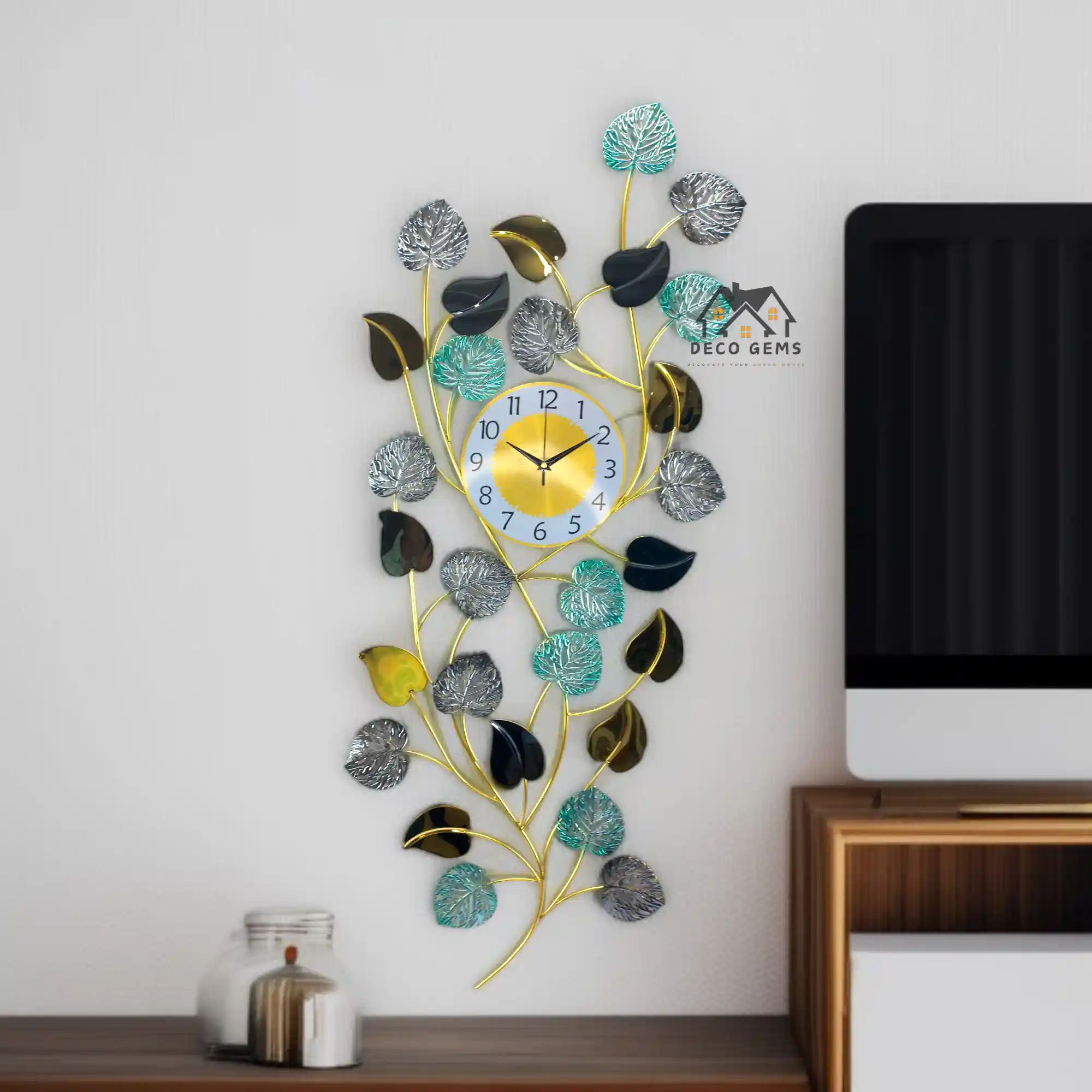 Glossy Leaf & Leaf Vain Designed Wall Décor Clock- 17689