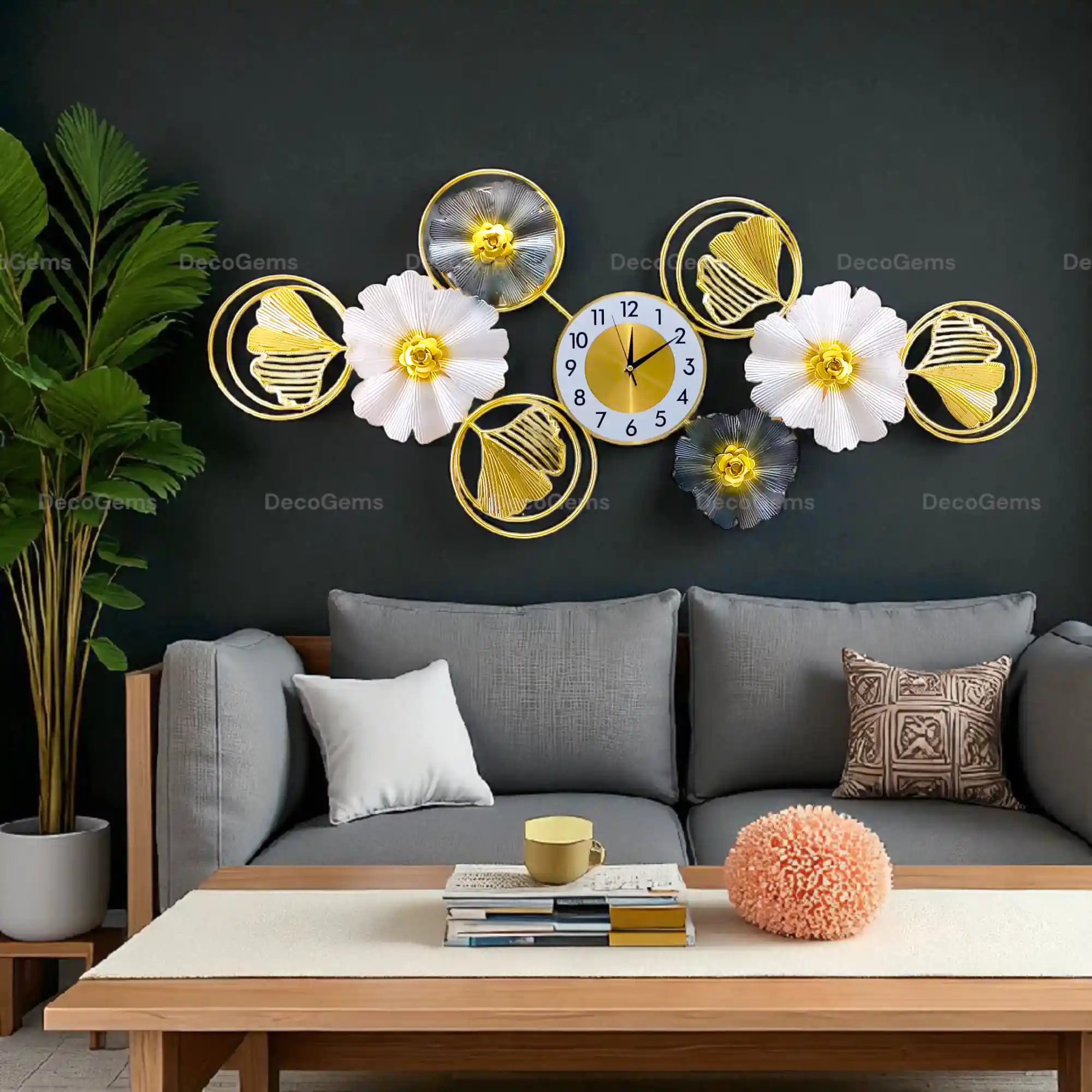 Flower Designed Metal Wall Decor Clock- 17475