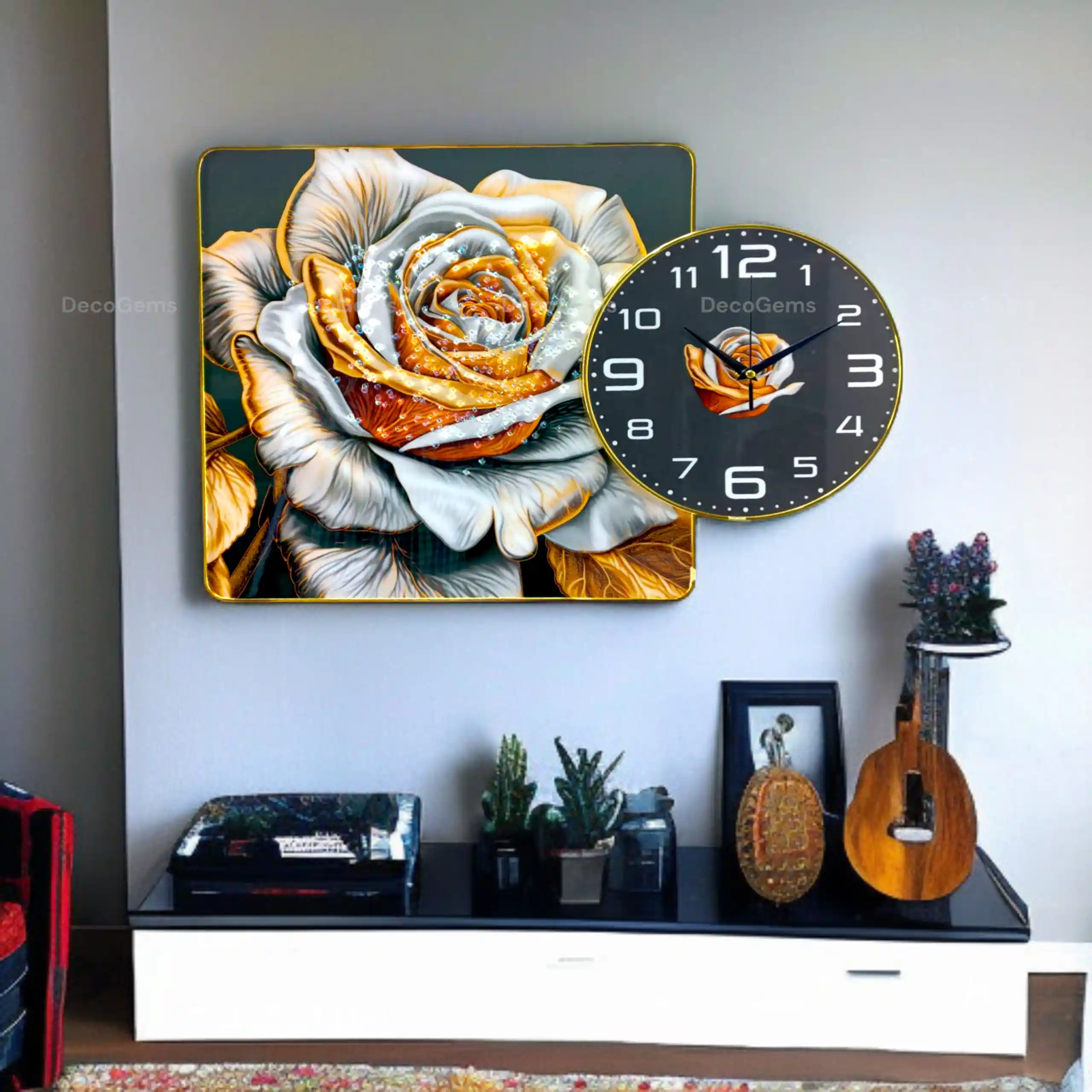 Golden-Black Floral Wall Scenery Clock- 17437