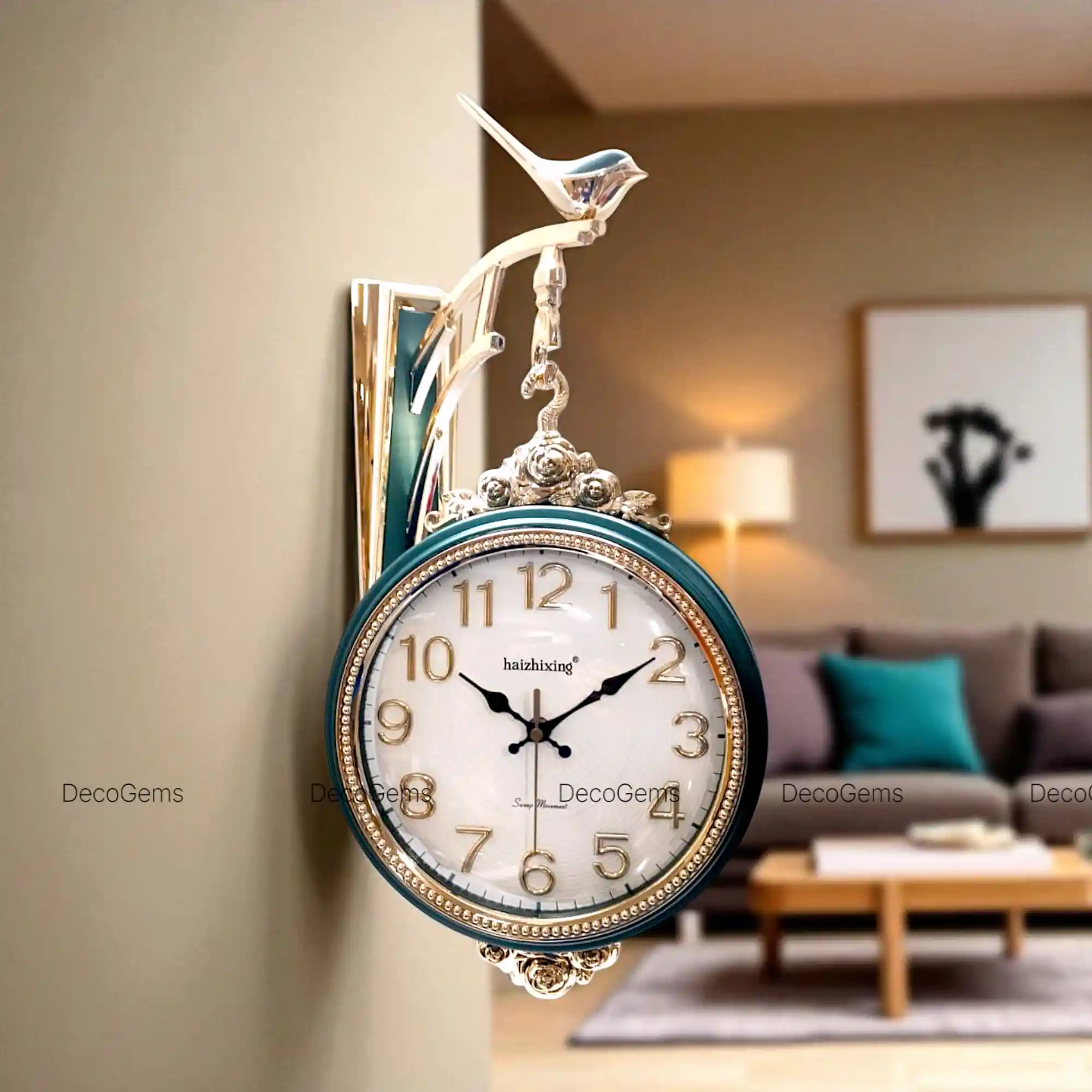 Minimal Designed Both Side Clock with Sparrow (Green)- 17492