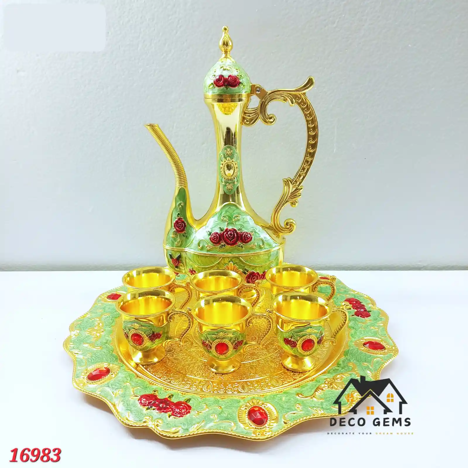 Red Stone-Floral & Green Designed Turkish Surai Set- 16983