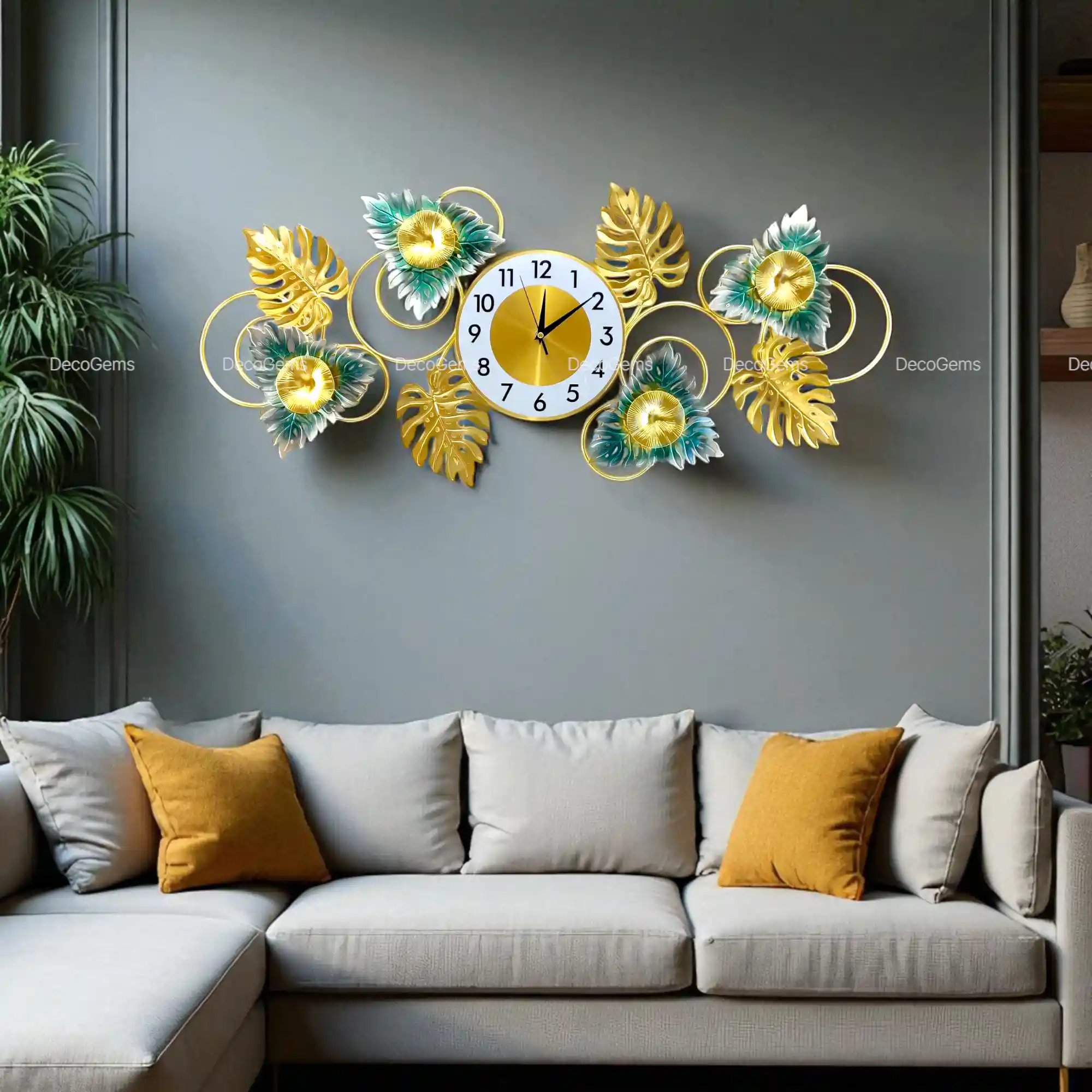 Metal Golden Leaf & Floral Wall Décor Clock- 17462