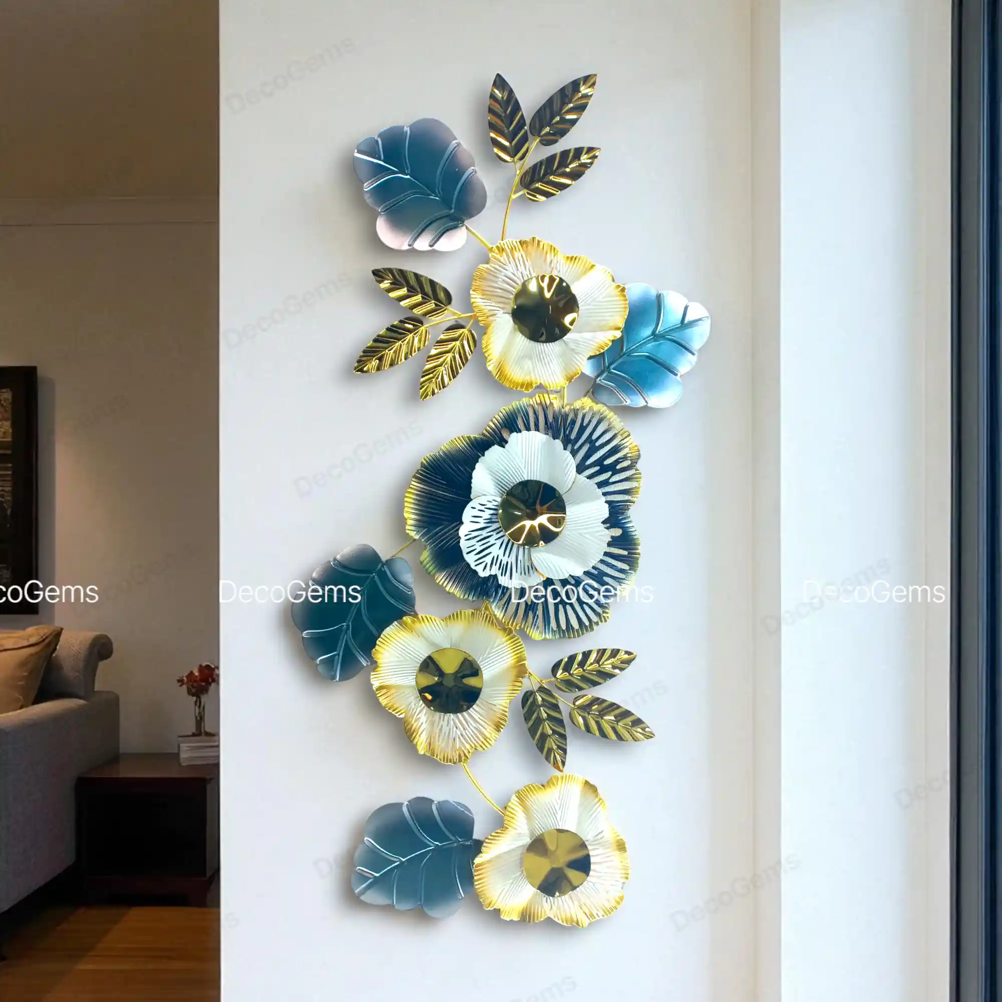 Metal Floral & Matte Finish Leaf Designed Vertical Wall Decor - 17669