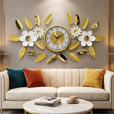 Metal Golden Leaf &White Floral Designed Wall Decor Clcok