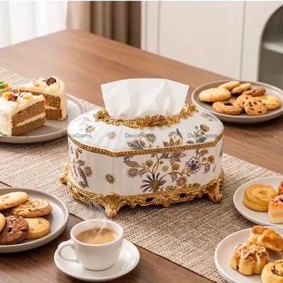 Luxury Ornate White & Gold Tissue Holder