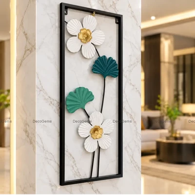 Elegant Floral Metal Wall Decor Frame with Green Leaf Accent