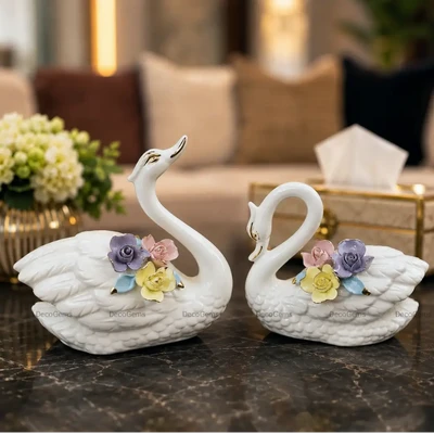 Elegant Swan Couple Showpiece with Floral Accents