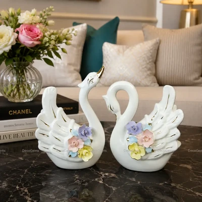 Elegant Floral Swan Couple Table Showpiece