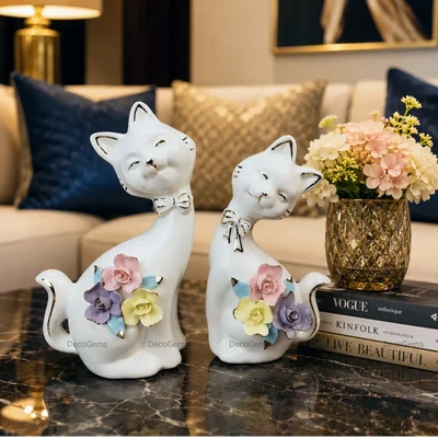 Ceramic Floral Cat Couple Showpiece