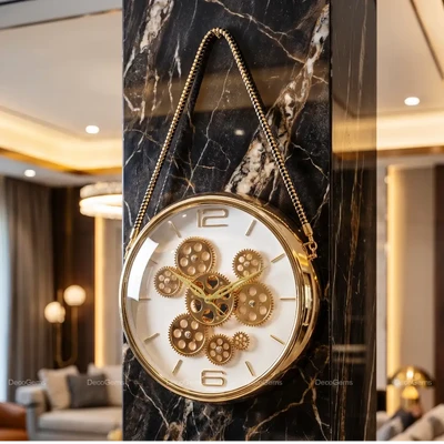 Fiber White & Golden Mechanical Gear Wall Clock
